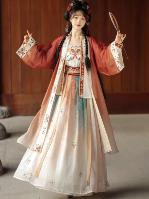 Full front view of a woman wearing a brick red Song Dynasty style Qiyao Ruqun Hanfu set with embroidered camisole, flowing chiffon beizi, gradient floral skirt, and traditional Chinese hairstyle in a wooden courtyard
