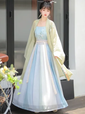 Song Dynasty Qiyao Ruqun Hanfu complete set with matcha green embroidered beizi and blue gradient skirt front view