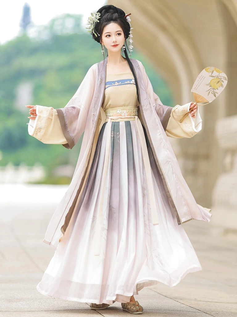 Song Dynasty inspired Qiyao Ruqun Hanfu in pale purple and cream gradient skirt with light pink beizi coat, shown at an arched stone pavilion with a traditional round silk fan