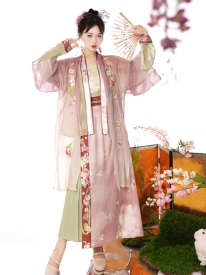 Song Dynasty qiyao ruqun hanfu complete set front view with dusty pink embroidered beizi, sage green pleated skirt and floral hair accessories