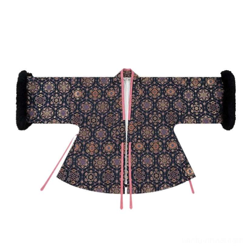 Flat lay of dark floral brocade Song Dynasty winter Hanfu coat with black fox fur cuffs and pink drawstring closures