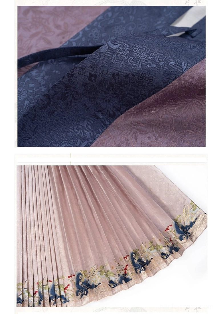 Close-up of dark navy floral jacquard fabric and dusty pink textured fabric used in Song Dynasty inspired winter Hanfu mamianqun set