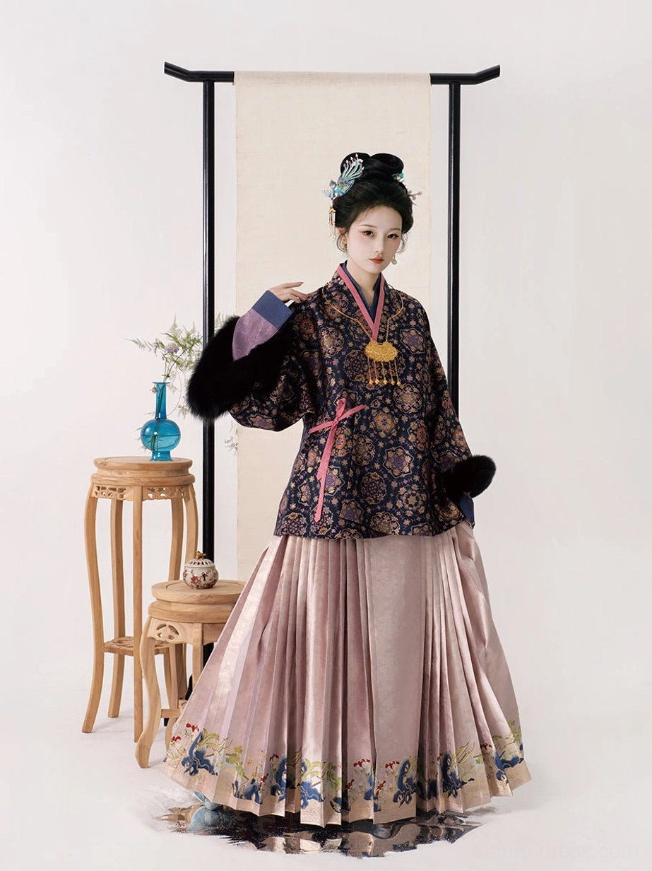 Song Dynasty winter Hanfu outfit featuring black fox fur trimmed sleeves cross-collar top pink waist ties and pleated mamianqun