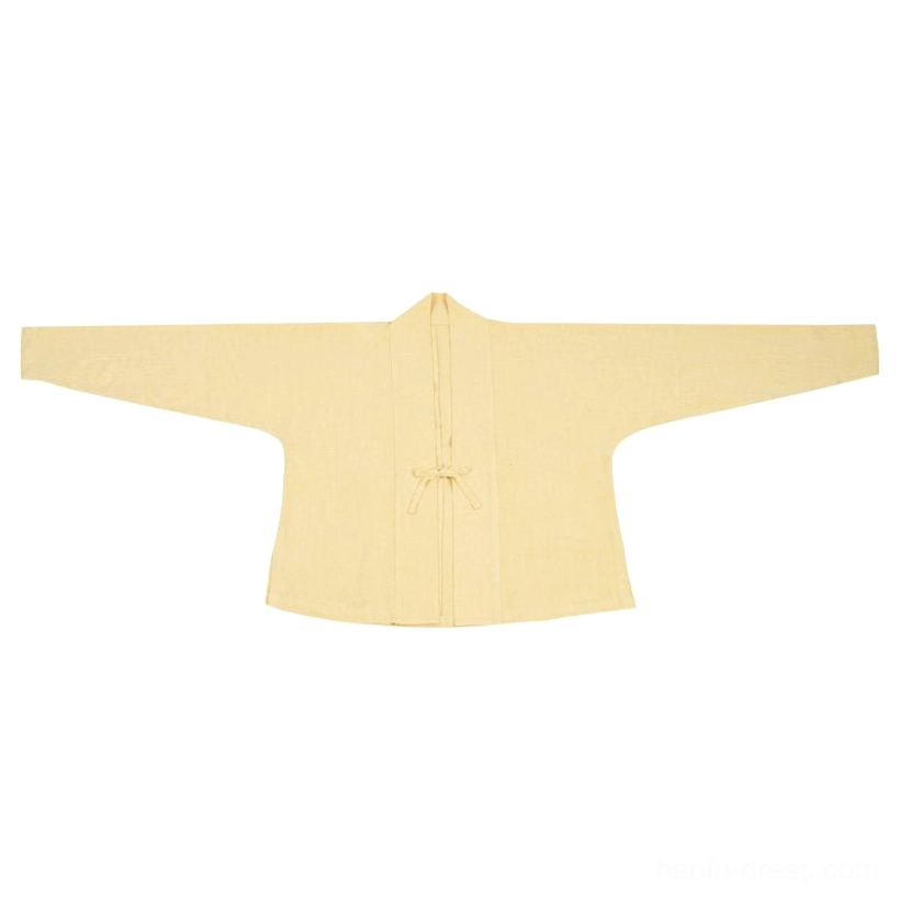Flat lay of the inner winged sleeve Hanfu top showing traditional inspired cross collar, tie fasteners, and soft cream yellow fabric