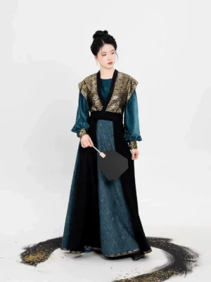 Front full-body view of the Song of Mulan Tang Dynasty modern hanfu full set in teal black and gold with beizi overlay flowing eight-panel skirt and traditional Chinese updo