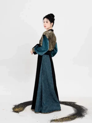 Back view of Song of Mulan Tang Dynasty hanfu outfit showing the elegant beizi overlay silhouette waistline and long flowing skirt against a studio background