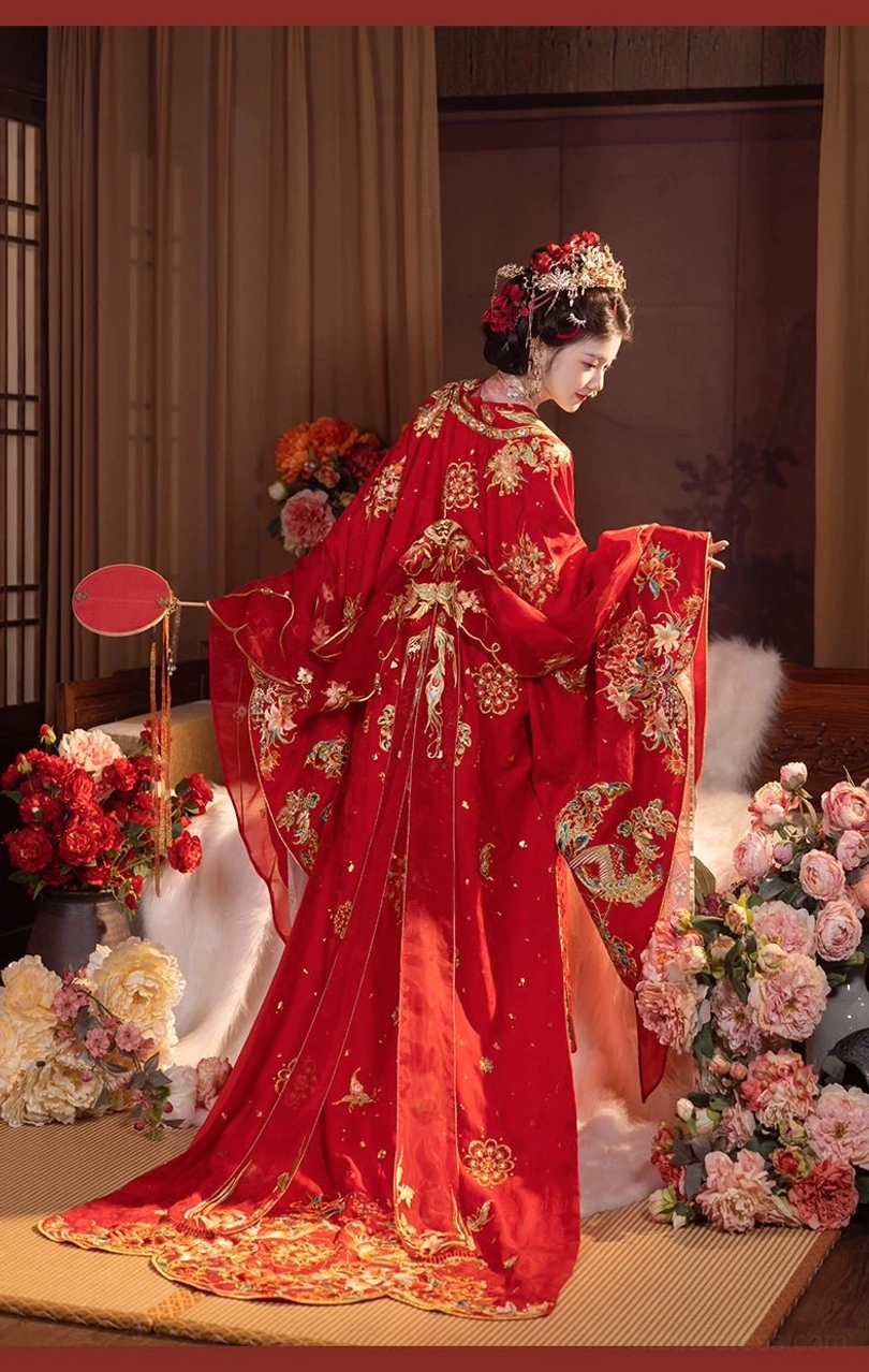 Song of Peace Tang Dynasty Hanfu bridal wedding gown complete set in scarlet red with golden floral embroidery, wide sleeves, long train, and traditional veil