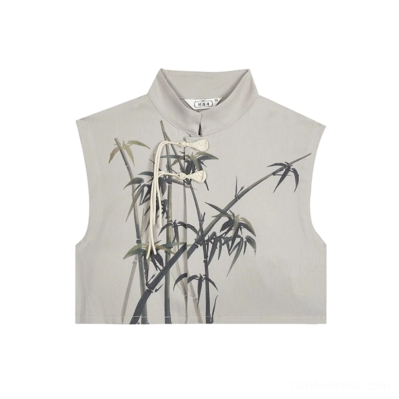 Flat lay of the standalone Song-style Hanfu Majia vest in light fabric with ink bamboo artwork and traditional Chinese frog buttons