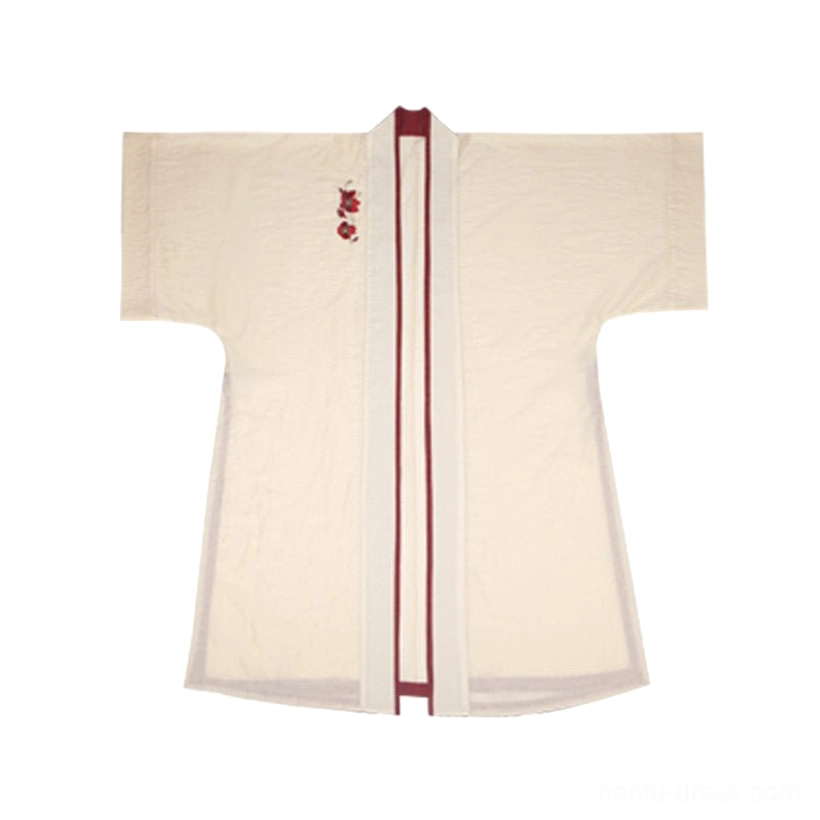 Flat lay display of Song-style Hanfu outer jacket in beige linen-textured fabric with dark-red trim and floral chest embroidery
