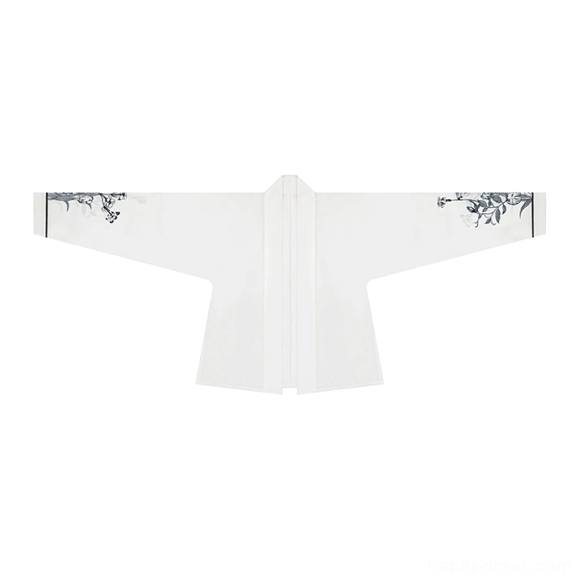 Flat lay view of the white Song-style Hanfu winged-sleeve top with cross-collar design and black ink floral shoulder and cuff details