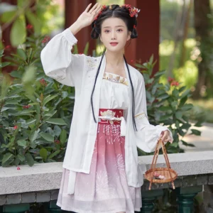 Three-quarter view of pink modern Hanfu outfit with floral embroidered white chiffon outer cardigan and pink gradient fireworks skirt in a garden