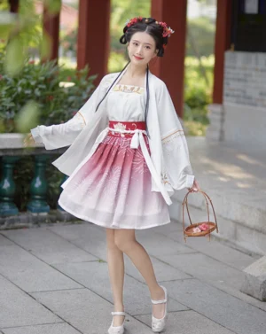 Pink Spark modern Hanfu three-piece Song Dynasty inspired outfit with white embroidered chiffon cardigan, lotus camisole and gradient firework print skirt