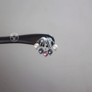 Standalone dark wood Chinese hair stick with decorative silver-tone top and mixed-color hanging bead tassels for Hanfu and traditional hairstyles