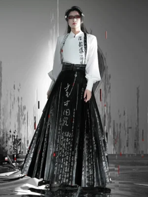 Full front view of splash ink calligraphy modern Hanfu outfit with white stand collar top and black pleated mamianqun horse face skirt