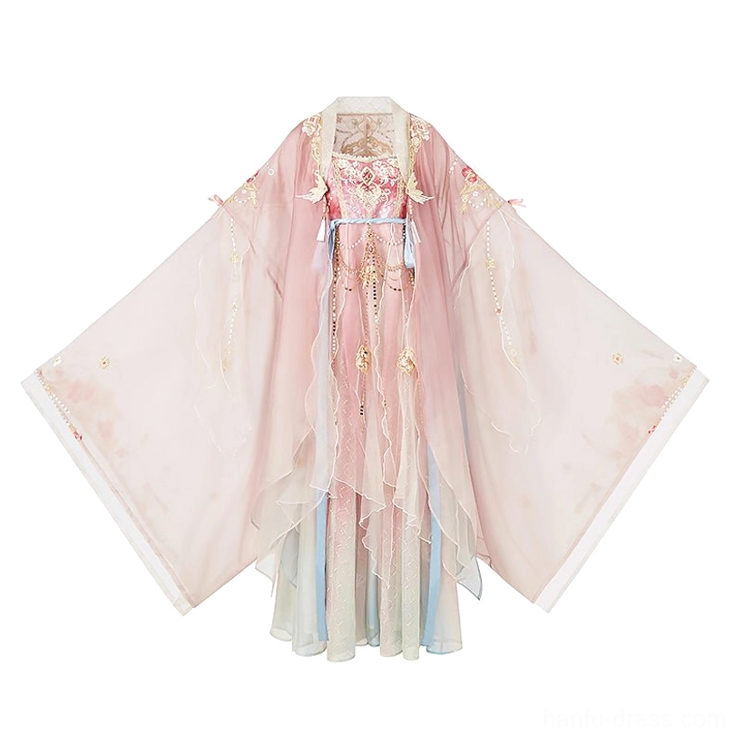 Flat lay of Spring Banquet Tang Dynasty Hanfu complete set including sheer wide-sleeve outer coat, embroidered inner dress, blue waist sash, and gradient fabric