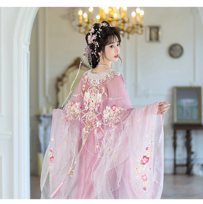 Back three-quarter view of Spring Banquet Tang Dynasty Hanfu heziqun showing embroidered sheer pink sleeves, floral back details, and decorative bead tassels