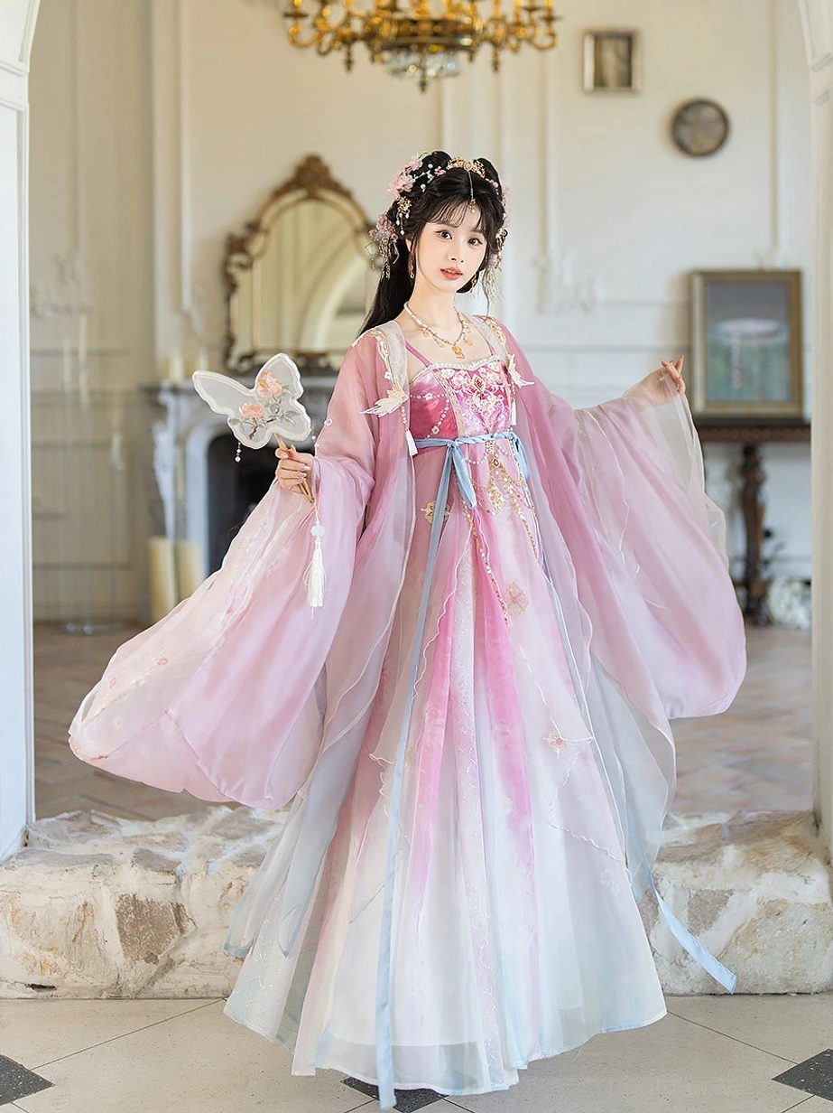 Spring Banquet Tang Dynasty Hanfu heziqun complete set with pink and blue gradient skirt, sheer wide sleeves, floral embroidery, and blue waist sash front three-quarter view
