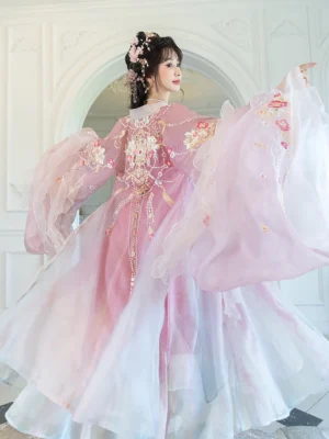 Side view of Spring Banquet Tang Dynasty style Hanfu dress with oversized sheer pink sleeves, embroidered bodice, bead tassel details, and flowing gradient skirt