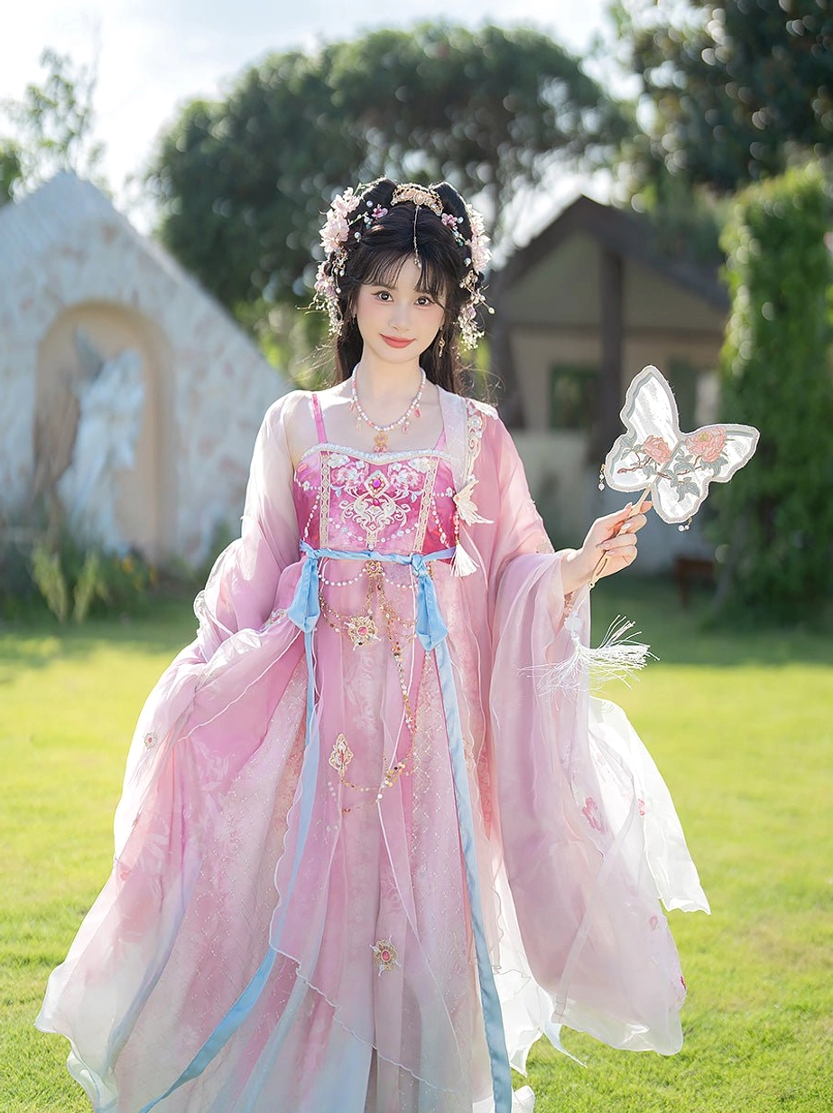Full-length Spring Banquet Tang Dynasty style Hanfu heziqun featuring square neck floral embroidery, pink to blue gradient fabric, and blue waist ribbon