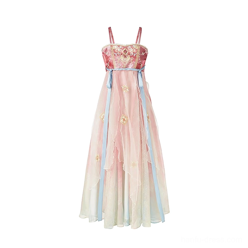 Flat lay of Spring Banquet Tang Dynasty Hanfu heziqun wrap dress with embroidered square neckline, thin straps, pink gold gradient skirt, and blue embroidered waist sash
