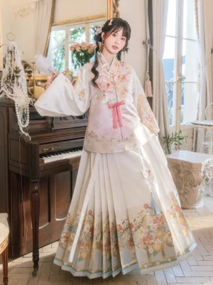 Front full-body view of Spring Blossoms Ming Dynasty Hanfu set with pink embroidered bijia vest, ivory pipa sleeve top, and floral mamian skirt