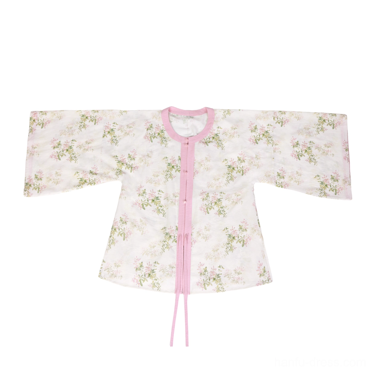 Flat lay of Spring Branch ivory floral Ming Dynasty Hanfu round collar top with pink trim wide sleeves and tie front