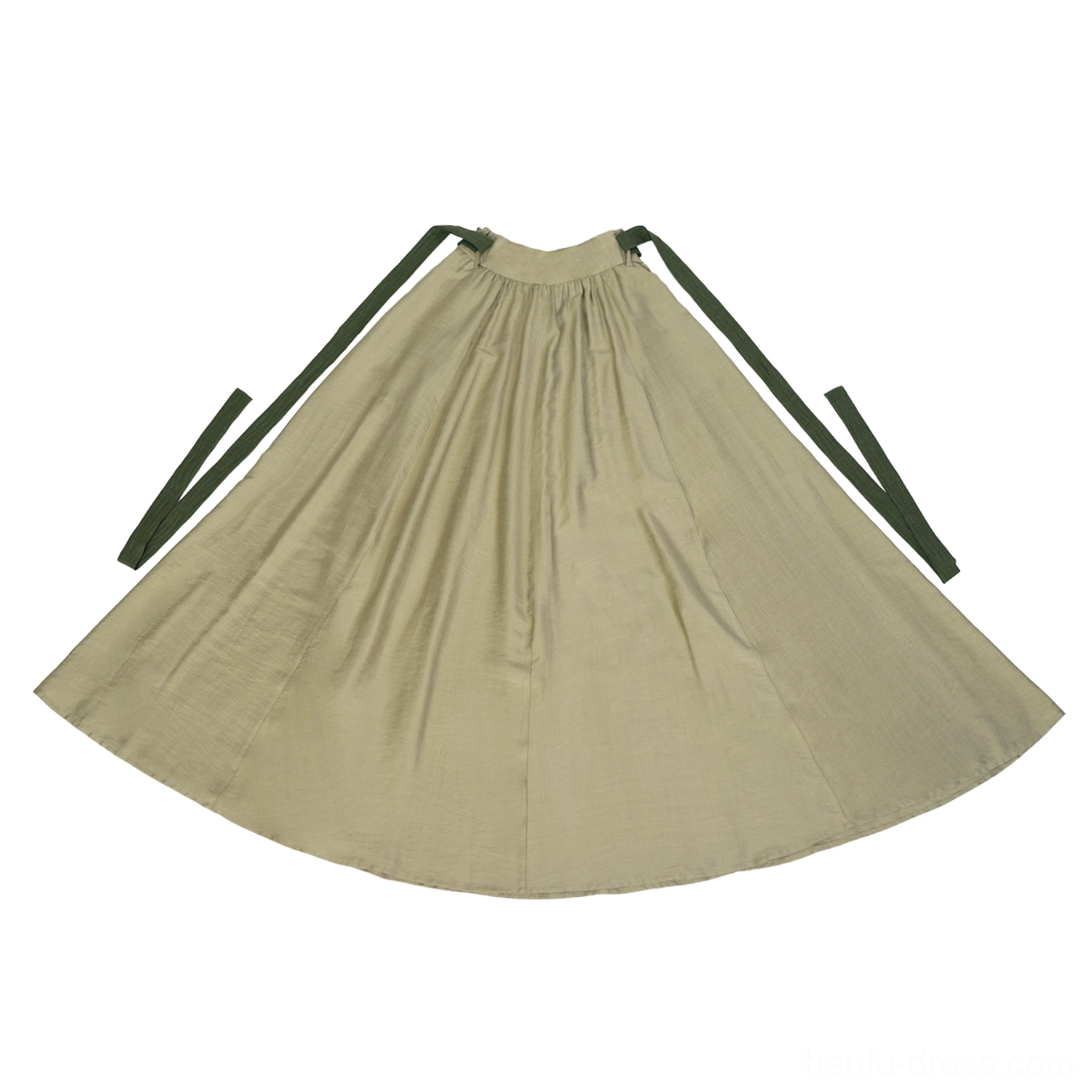 Flat lay of Spring Branch sage green elastic waist Hanfu skirt with gathered waist and dark green side sash