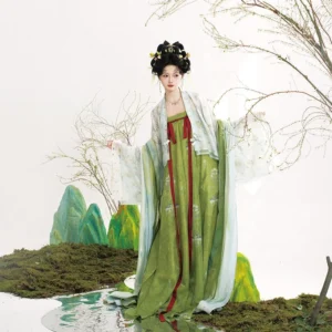 Front full-body view of complete Tang Dynasty hanfu outfit with embroidered wide shawl, long red waist sashes, green skirt, and elegant traditional Chinese styling