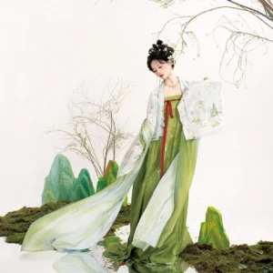 Oblique full-body view of a Spring Deer Tang Dynasty hanfu set with green qixiong skirt, ivory wide-sleeve shawl, red waist ties, and flowing traditional Chinese clothing silhouette