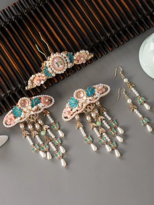 Spring Lane Hanfu hair accessories set displayed on bamboo mat with floral tassel hair clips, pearl drops, hair crown and matching earrings