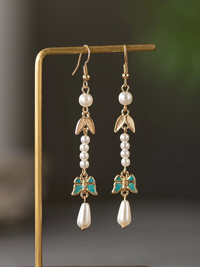 Matching Spring Lane Hanfu drop earrings with gold tone hooks, pearl strands, blue green butterfly charms and teardrop pearls