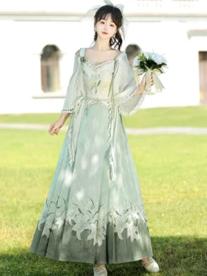 Front view of a sage green floral Ming-style Hanfu dress with fitted bustier mamianqun horse-face skirt and matching shawl