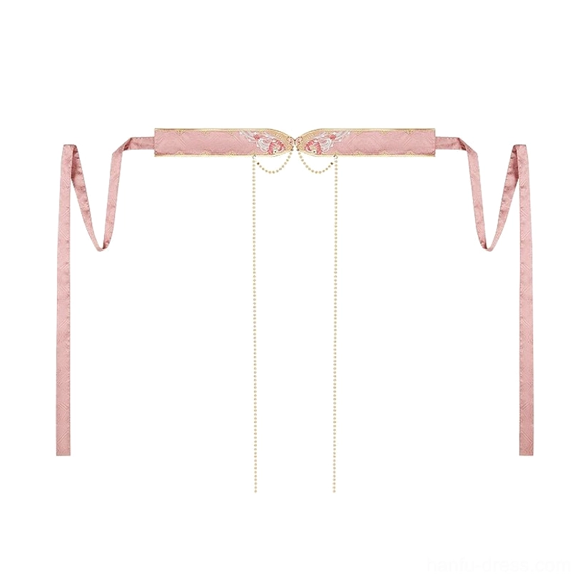 Dusty rose Hanfu waist belt with long tie straps and gold tone hanging chain decorations for Spring Melodies mamianqun set