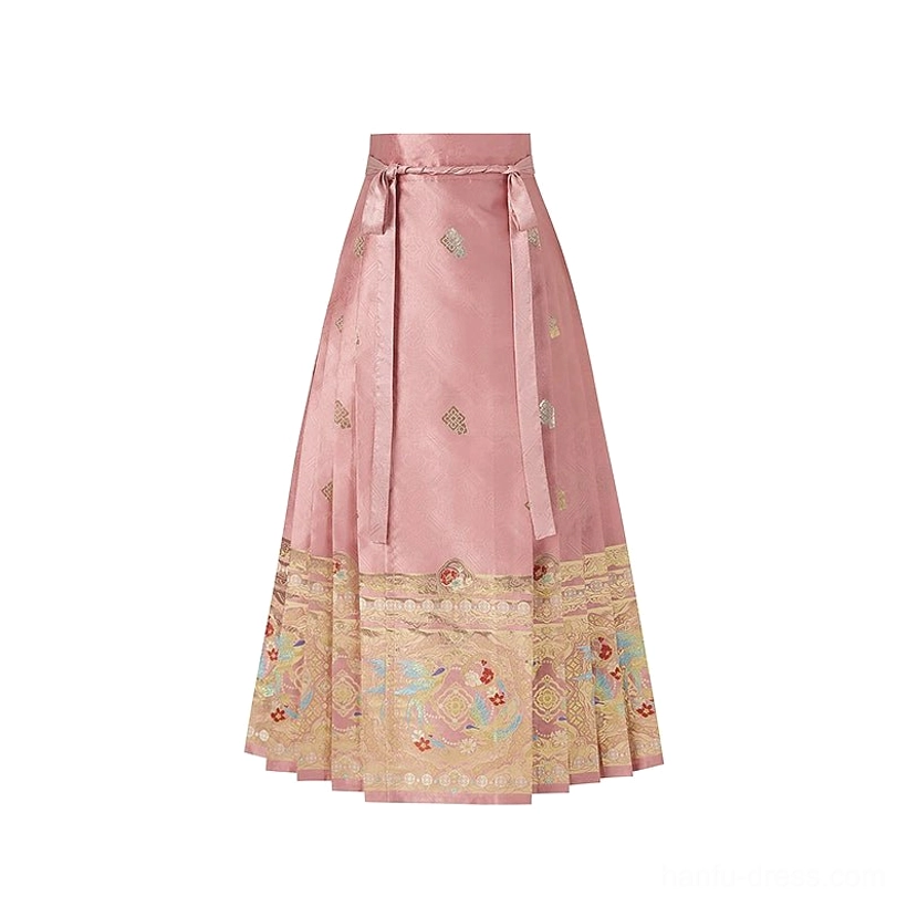 Dusty rose embroidered mamianqun horse face skirt with floral hem embroidery and side tie waist closure front view