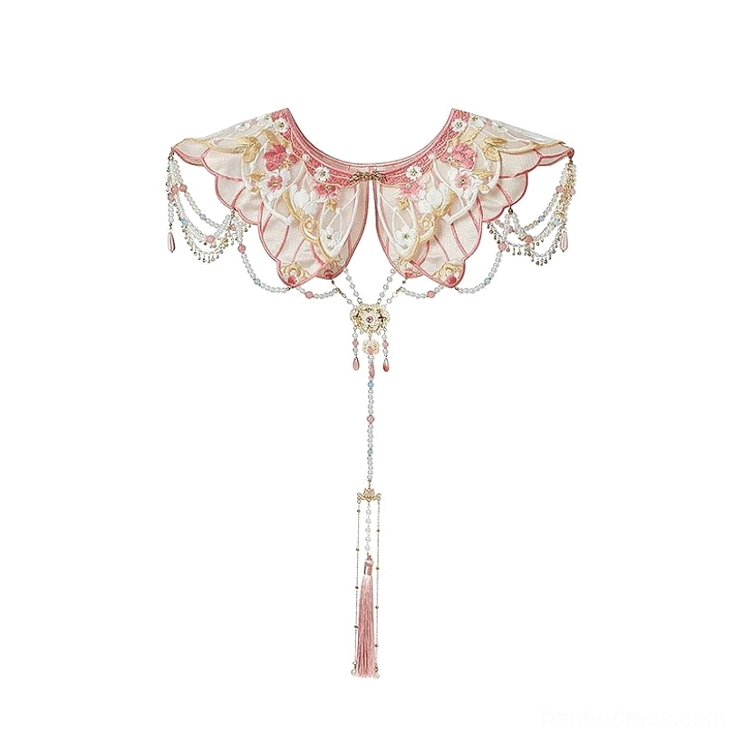 Pink and white embroidered yunjian cloud collar with crystal style chain tassels for Ming Dynasty Hanfu outfit