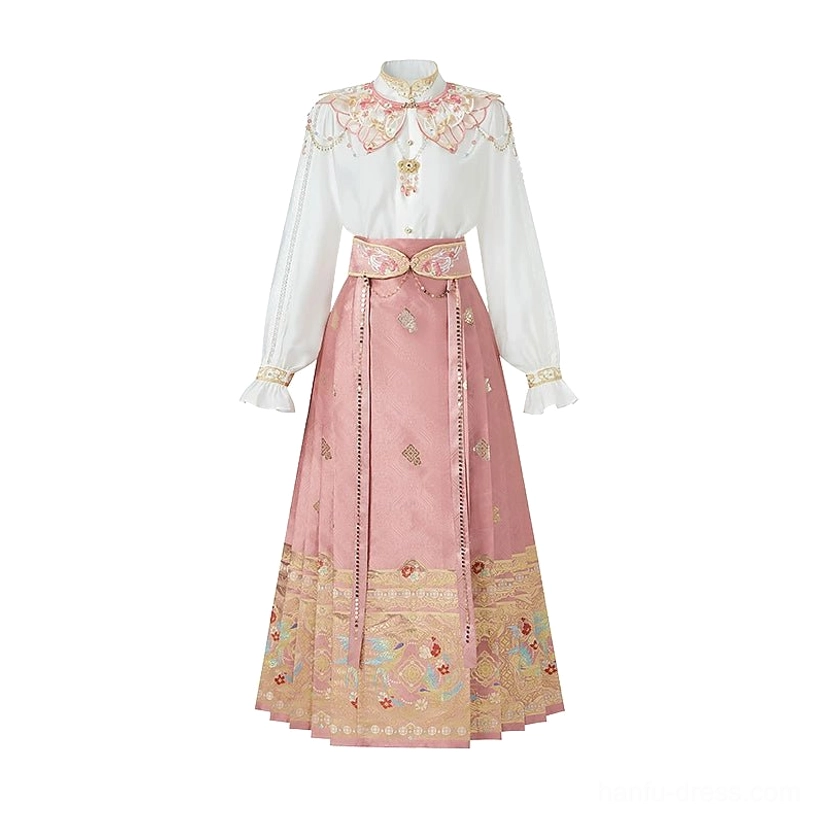 Flat lay of Spring Melodies complete Ming Hanfu set including white ruffled sleeve blouse dusty rose embroidered mamianqun skirt cloud collar and waist belt