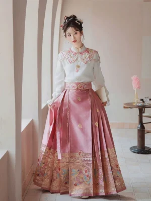 Spring Melodies Ming Dynasty Hanfu complete set with white blouse dusty rose mamianqun horse face skirt embroidered cloud collar and pink waist belt front view