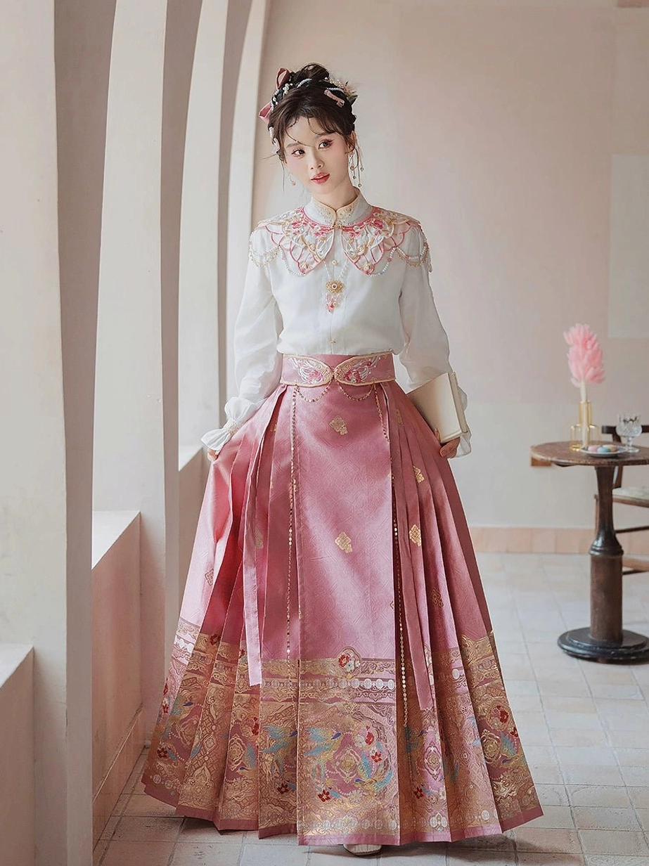 Spring Melodies Ming Dynasty Hanfu complete set with white blouse dusty rose mamianqun horse face skirt embroidered cloud collar and pink waist belt front view