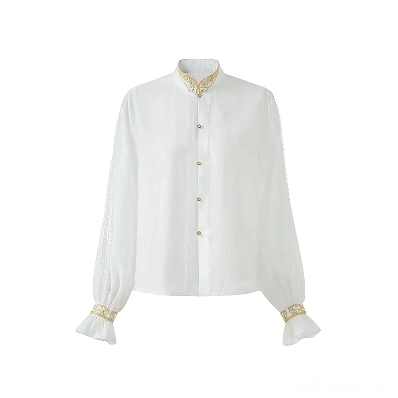 White stand collar Hanfu blouse with gold trim front buttons ruffled lantern sleeves for Spring Melodies Ming Dynasty mamianqun set