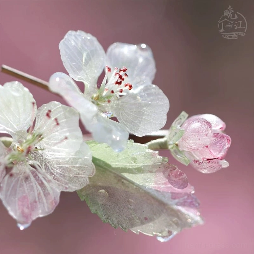 Detailed pear blossom petals red stamens green leaves and water droplet texture on Chinese floral hair stick