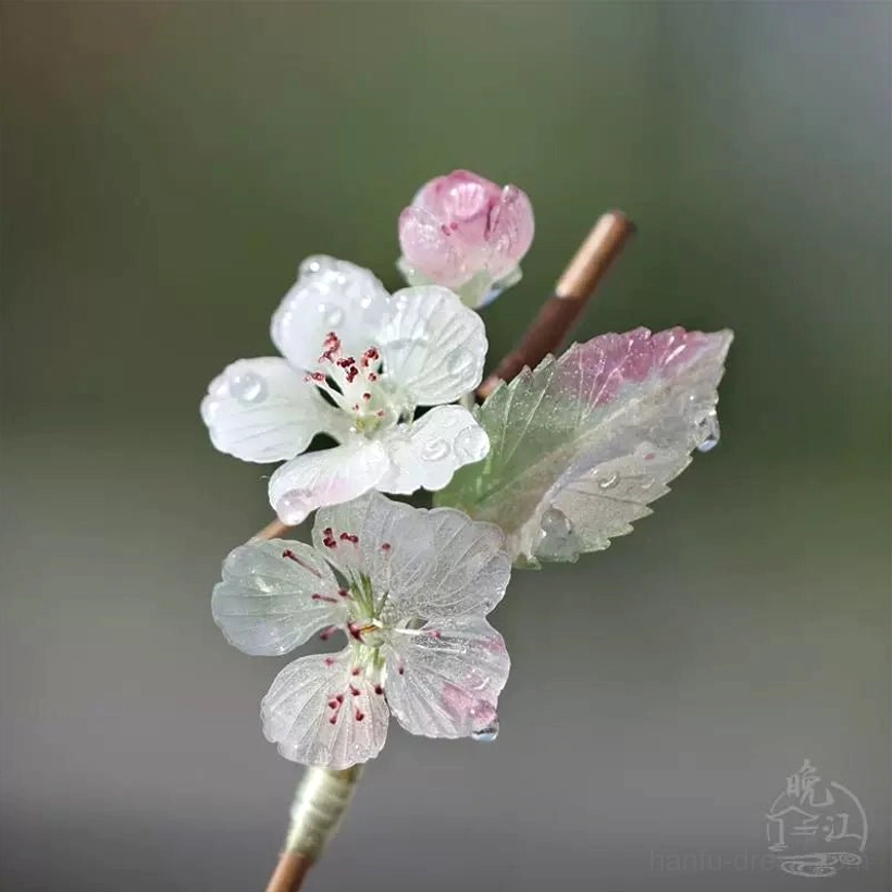 Spring Rain pear blossom Chinese hair stick with translucent white pink flowers green leaves and glossy raindrop details