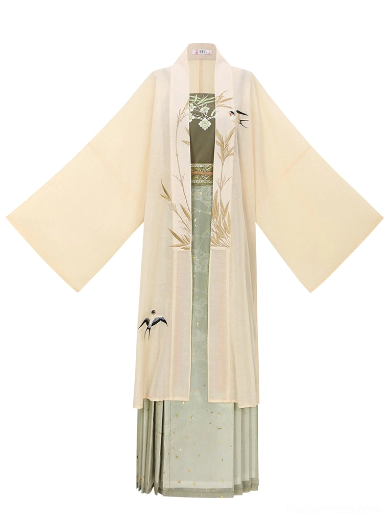 Complete three-piece Song Dynasty Hanfu set displayed flat, including cream long Beizi coat, embroidered moss green camisole and pleated Qiyao skirt