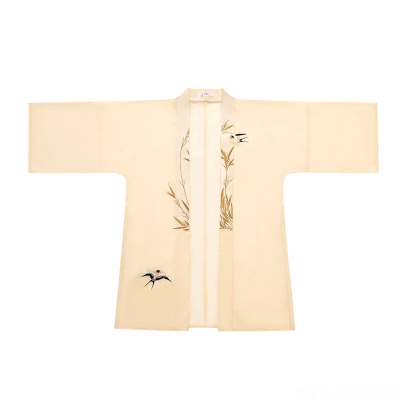 Cream-apricot Song Dynasty Hanfu Beizi coat with wide sleeves, open front and bamboo flower bird embroidery displayed flat