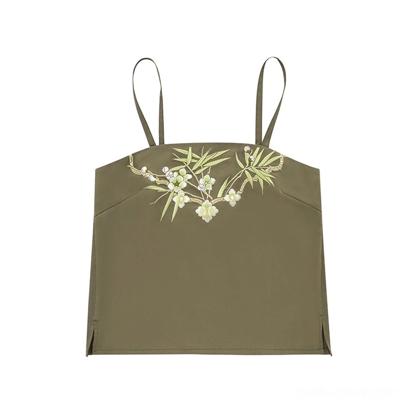 Moss green Song Dynasty Hanfu camisole with thin shoulder straps and decorative bamboo and floral embroidery displayed from the front