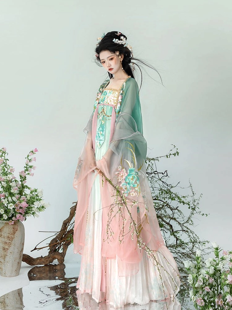 Spring summer Tang style Qixiong Ruqun Hanfu with sheer green outer cape pastel pink skirt and embroidered floral details