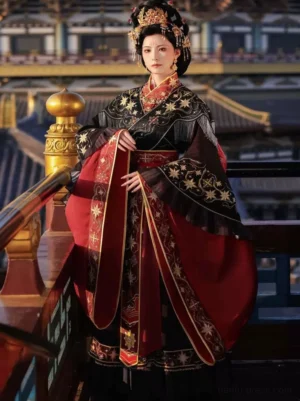 Front full body view of Star Goddess Wei Jin Dynasty embroidered Qiyao Ruqun Hanfu with black gold embroidered top red layered skirt wide sleeves and traditional Chinese hair ornaments