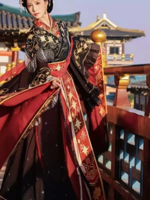 Three quarter front view of celestial Wei Jin Dynasty Qiyao Ruqun Hanfu featuring gold star embroidery red waist sash flowing skirt and ornate traditional styling