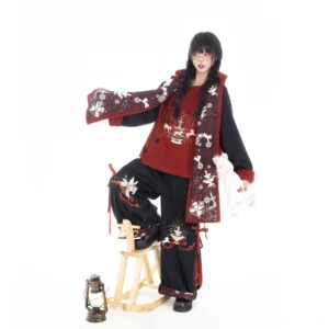 Star Wish Pegasus Chinese New Year Hanfu outfit with red and black jacket, embroidered scarf, and wide-leg trousers