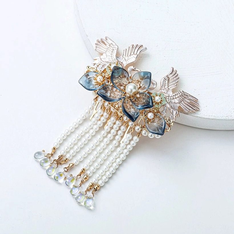 Starlight crane Hanfu back hair pin with double dark blue flowers, pearl tassel clusters, gold-tone frame and crystal pendants