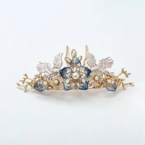 Starlight Hanfu crown comb hair ornament with dark blue flowers, silver crane motifs, pearl center and gold-tone branch details